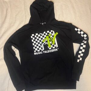 MTV Black Hoodie with White Checker and Neon Green Logo